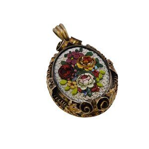 Antique Gold Filled Rare Raised Mosaic Floral Pendant (A7716)